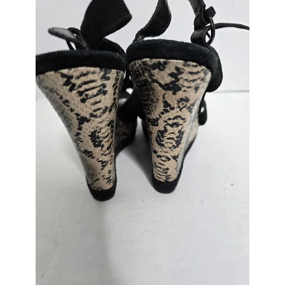 Black and Gray Python Snakeskin Faux Suede Wedge Platform Sandal 7